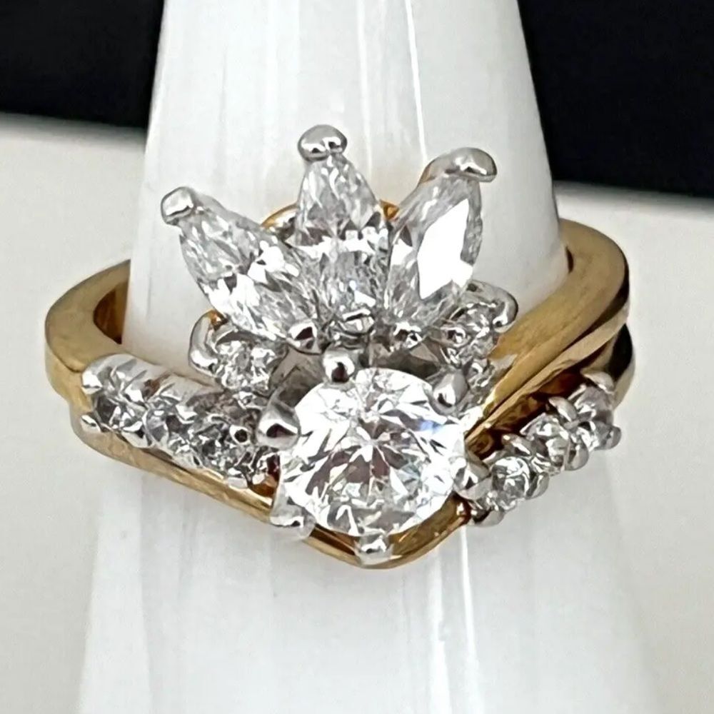 Vintage 1980s CZ Wedding Ring Size 6.5 Set Gold Plate Bridal Engagement NOS - 4Q
